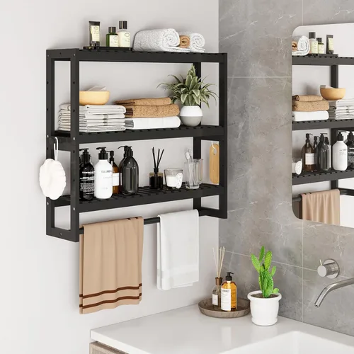Miniatura 2 de RRX Organizador de almacenamiento de estante de baño, estante de baño, organizador de bambú de 3 niveles ajustable con barra, colgante, estante Negro