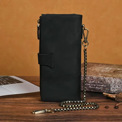 Miniatura 88 de Genuino Caballo Loco Cuero Regalo de Viaje Moneda Bolsillo Tarjetero Organizador Largo Cadena Rfid Cartera Monedero Con Broche Para Hombres Hombres