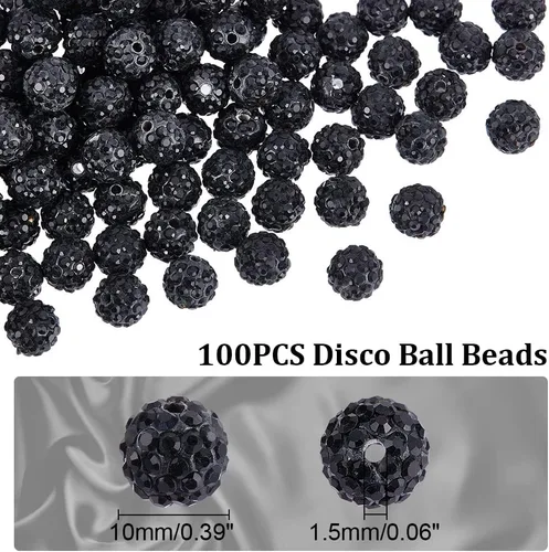 Miniatura 2 de PH PandaHall 100 cuentas de diamantes de imitación negros de 0.394 pulgadas (0.394 in) cuentas de arcilla negra de polímero de cristal de arcilla