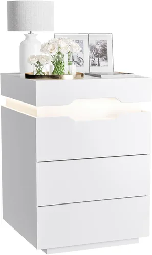Miniatura 10 de YESHOMY Mesita de noche con luz LED y estación de carga, mesa auxiliar con 2 cajones, mesita de noche con gran capacidad, para dormitorio, juego