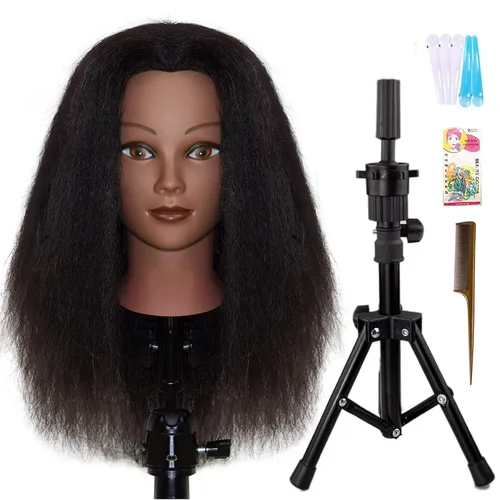 Miniatura 8 de Cabeza de maniquí afro rizado 100% cabello humano real, (10 pulgadas) negro para trenzado manual, práctica de peinado, peluquería, escuela, maniquí