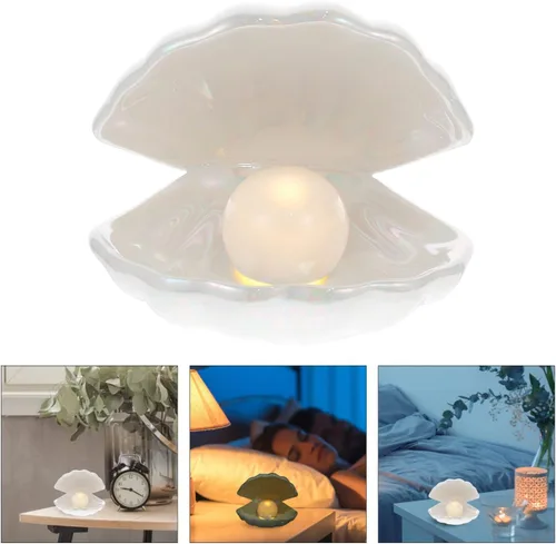 Miniatura 8 de IMIKEYA Shell Pearl Light White Ceramic LED Pearl in Shell Luz nocturna Escritorio portátil inspirado en el océano Lámpara de concha para dormitorio