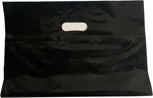 Miniatura 8 de Krodtige Paquete de 100 bolsas de compras negras de 16 x 18 x 2 mil de grosor con asas troqueladas, bolsa de plástico brillante, perfectas