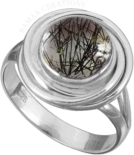 Miniatura 4 de Black Rutilated Quartz Ring Natural Round Cabochon Black Rutile Ring Sterling Silver 925 Handmade Jewelry