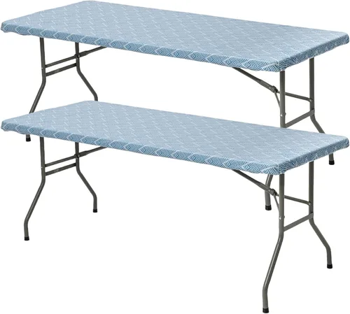 Miniatura 12 de Zhenrui Mantel rectangular elástico ajustable de 6 pies, cubierta de vinilo impermeable a prueba de derrames, diseño de ondas azules impresas