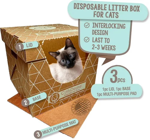 Cats Desire Caja de arena - Cajas de arena desechables para gatos (3 piezas) - Entrada superior/baja y caja cerrada - Verde azulado sobre marrón