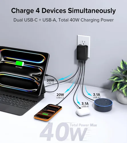 Miniatura 5 de Paquete de 2 bloques de carga USB C planos, 40 W, 4 puertos, cargador rápido de 20 W, bloque de carga tipo C, cargador de pared USB de 3.1 A, doble