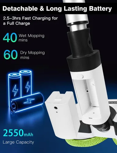 Miniatura 2 de Trapeador eléctrico inalámbrico, limpiador de suelo con faros LED y rociador de agua, batería desmontable de hasta 60 minutos, potente trapeador