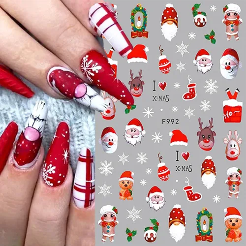 Miniatura 7 de 10 calcomanías de uñas de Navidad de invierno para mujeres, dibujos animados 3D, alce, muñeco de nieve, campanas de Papá Noel, copo de nieve