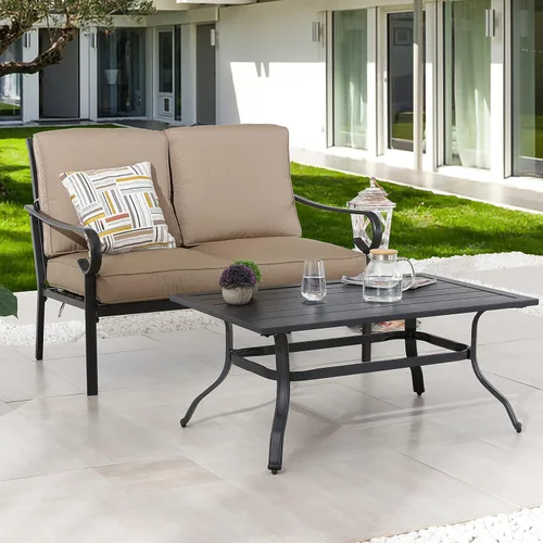 LOKATSE HOME Juego de sofá biplaza de patio de 2 piezas para exteriores acolchado con mesa auxiliar, marco de acero, caqui