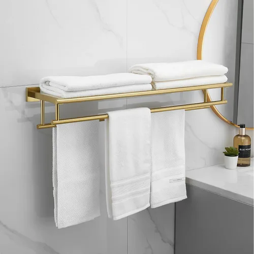 Miniatura 20 de Toallero con estante de 20 pulgadas, toalleros dobles para baño, soporte de toallas de baño negro mate, toallero de acero inoxidable SUS304