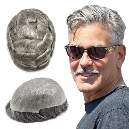 Miniatura 49 de Pieza de pelo para hombre, sistema de reemplazo de cabello de piel ultra fina para hombres, pieza de pelo de tupé para hombres, cabello humano real
