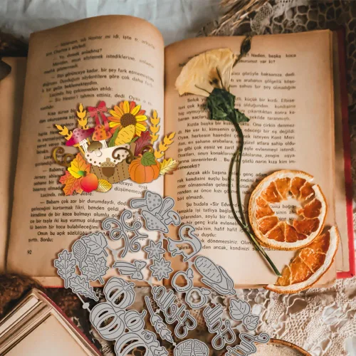 Miniatura 7 de GLOBLELAND Troqueles de corte de cesta de calabaza de otoño, hojas de otoño de metal, troquelados, plantillas de estampado de corte de saludo