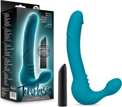Miniatura 10 de Blush Temptasia Estella - Consolador vibrador curvado de silicona de 9.5 pulgadas, doble extremo sin tirantes, recargable, impermeable, profundo Rosa