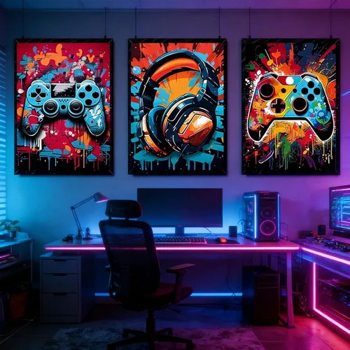 Miniatura 4 de PPV 3 piezas de arte de pared de juegos geniales, pósteres de videojuegos retro en acuarela, imágenes de gamepad de neón colorido, pintura en lienzo