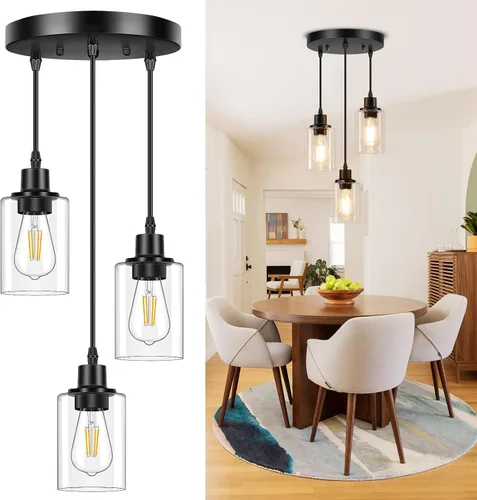 Licperron Lámparas colgantes de 3 luces, luces colgantes negras para isla de cocina, iluminación colgante ajustable con pantalla de vidrio