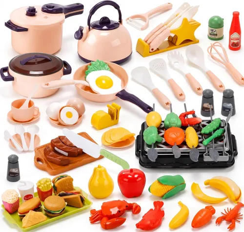 CUTE STONE Juego de cocina para niños de 73 piezas con accesorios de cocina de juego, ollas y sartenes de juguete, parrilla de barbacoa de comida y