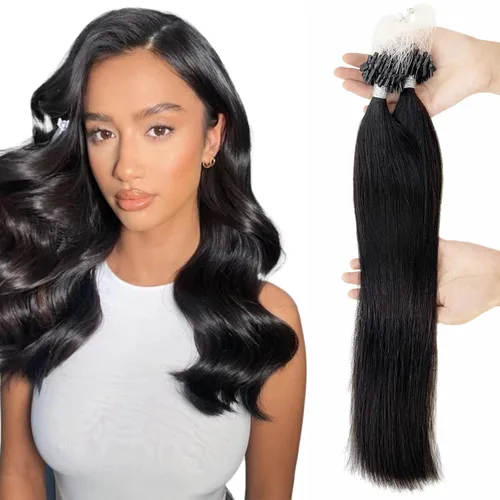 Miniatura 29 de Extensiones de cabello humano microlink de 16 pulgadas, extensiones de cabello natural suave de microcuentas, color #1 negro azabache, 100% cabello