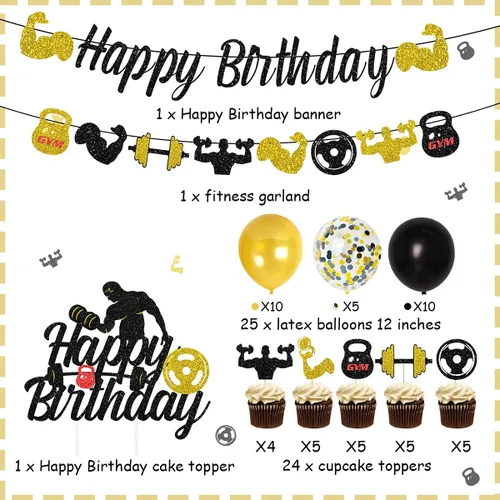 Miniatura 2 de Decoraciones de fiesta de cumpleaños para gimnasio, decoraciones de fiesta temática de fitness negro y dorado para hombres, suministros de fiesta