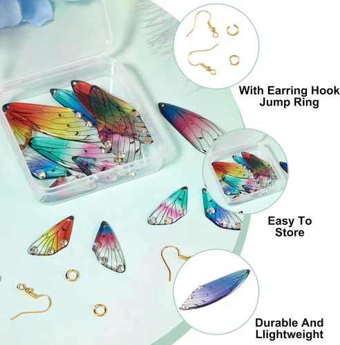Miniatura 5 de FASHEWELRY 16 aretes de resina con alas de libélula y arco iris, mariposa, colgantes, alas de hada, coloridos dijes con ganchos para aretes, anillos