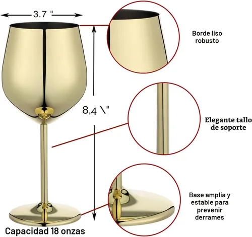 Miniatura 5 de WOTOR Juego de 4 Copas de Vino Doradas, Cáliz Dorado Irrompible de 18oz, Copa de Vino de Acero Inoxidable, Copa de Vino de Metal para Exteriores