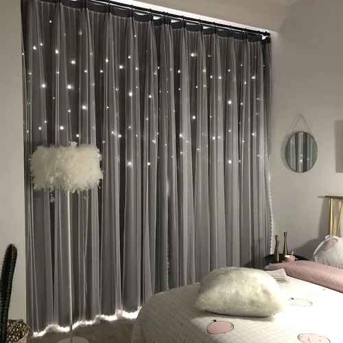 Miniatura 17 de UNISTAR - 2 paneles de cortinas opacas y transparentes con estrellas para dormitorio de niñas, niños, habitación de bebé, cortinas de doble capa