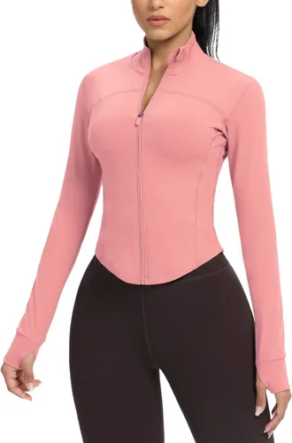 Miniatura 21 de AVGO Chaquetas de entrenamiento recortadas para mujer, con cremallera, ajustadas, atléticas, con agujeros para el pulgar