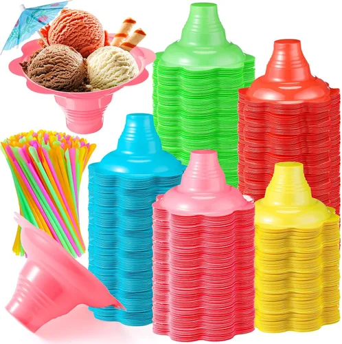 Miniatura 8 de Silkfly Juego de 25 tazas de cono de nieve de flores coloridas de 4 onzas y kit de sombrillas de papel y pajitas de cuchara, cuencos de hielo