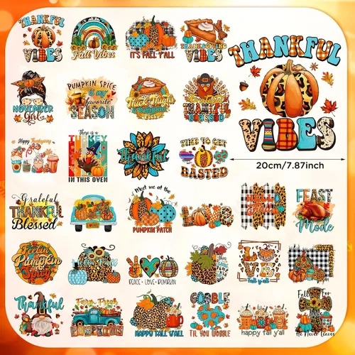 Miniatura 3 de Estune 30 parches de transferencia para planchar de Acción de Gracias, transferencia DTF de otoño, listos para prensar, calabaza, pavo, vinilo