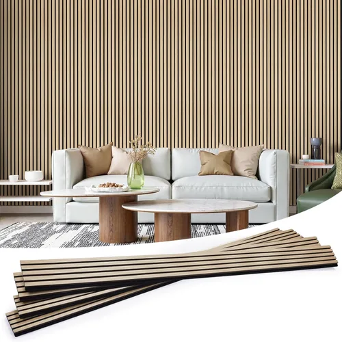 Miniatura 8 de Paneles de pared de listones de madera, paquete de 4 paneles de 94.5 x 7.9 pulgadas, paneles acústicos de madera para pared, paneles estriados 3D