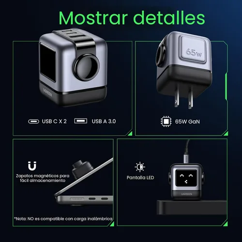 Miniatura 5 de UGREEN Uno - Bloque de cargador USB C de 65 W, Nexode 3 puertos GaN cargador rápido con pantalla, divertidos regalos de robot para hombres y Negro