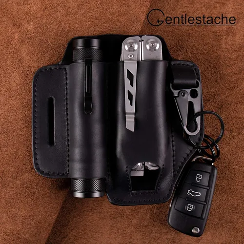 Miniatura 4 de Gentlestache Funda de cuero para Leatherman Multitool - Organizador de bolsillo EDC con soporte para llaves y funda de linterna, color negro