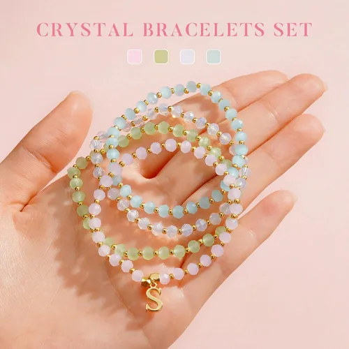 Miniatura 5 de IEFWELL Pulseras con iniciales para niñas y niños – Juego de 4 pulseras de cristal rosa/azul/blanco/verde, pulsera elástica para niños, joyería