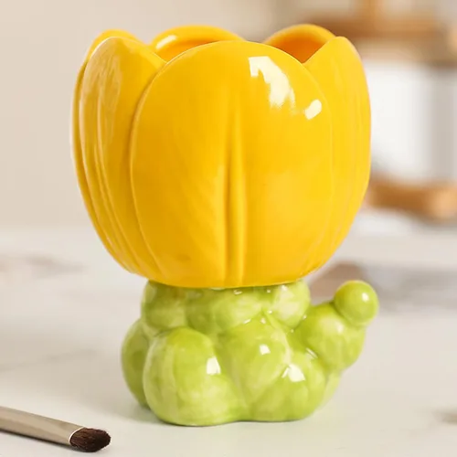 Miniatura 4 de WONIU Lindo portalápices flor cerámica pluma taza escritorio organizador para oficina en casa, amarillo