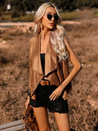 Miniatura 5 de OYOANGLE Chaqueta tipo cárdigan de gamuza hippie sin mangas con cuello abierto para mujer