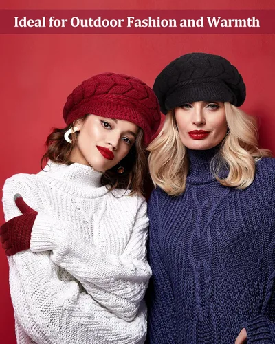 Miniatura 15 de SATINIOR Juego de 4 gorros y guantes de invierno para mujer, gorro de punto cálido, gorro de esquí de nieve con visera y guante para pantalla rojo