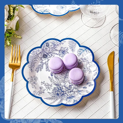 Miniatura 2 de 100 platos de papel florales azules, desechables, para bebé, despedida de soltera, suministros de fiesta, platos de postre florales, bandeja