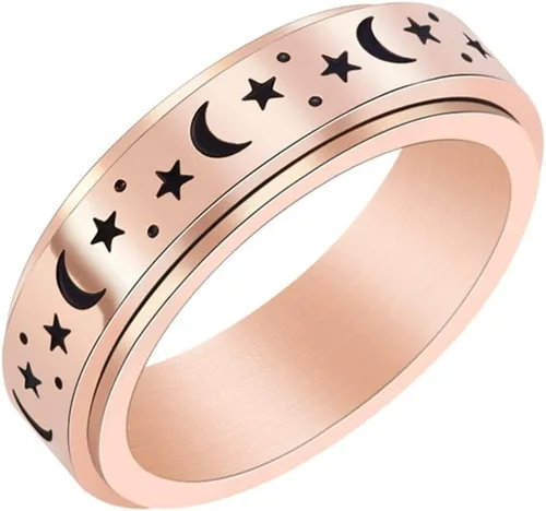 Caiyao Anillo giratorio de acero inoxidable para mujeres y hombres, anillo giratorio con patrón de pentagrama y luna, antiestrés, alivio de la