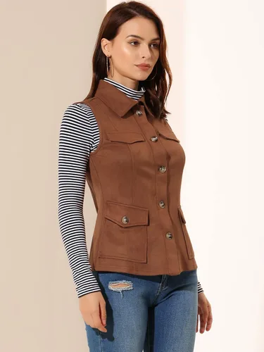Miniatura 4 de Allegra K Chaleco de Gamuza Sintética Utilitario para Mujer con Botones sin Mangas con Bolsillo Cargo