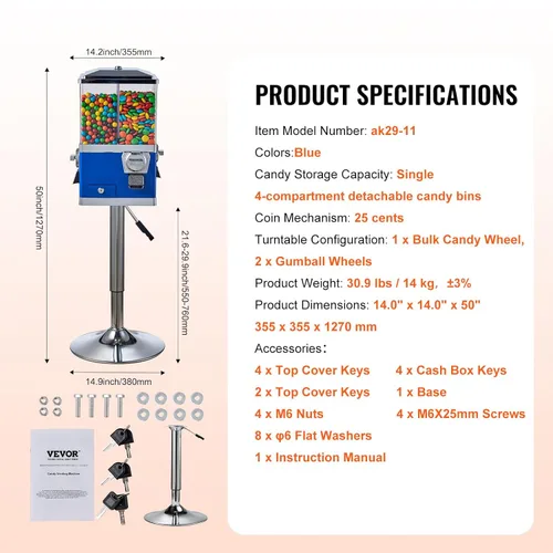 Miniatura 7 de VEVOR Máquina expendedora comercial, dispensador giratorio de cuatro compartimientos para chicles y dulces, banco de dulces accionado por monedas