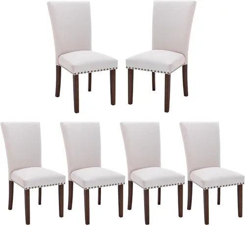 Miniatura 10 de COLAMY Juego de 4 sillas de comedor tapizadas Parsons, sillas laterales de tela para comedor y cocina con ribete de cabeza de clavo y patas de Beige