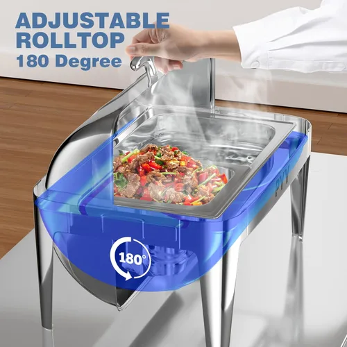 Miniatura 4 de Juego de buffet de platos de roce PYY con tapa enrollable, juego de 9 cuartos de galón de servidor de roce de acero inoxidable para catering, chafer