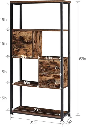 Miniatura 2 de VECELO Estantería de 5 niveles, estantería de 62 pulgadas de altura con 2 cajones de almacenamiento y 1 gabinete, estantes de madera con marco