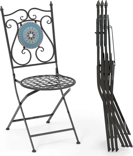 Miniatura 9 de Giantex Juego de 2 sillas plegables para patio, sillas bistró de mosaico con respaldo y asiento redondo, marco de metal resistente, capacidad de 330