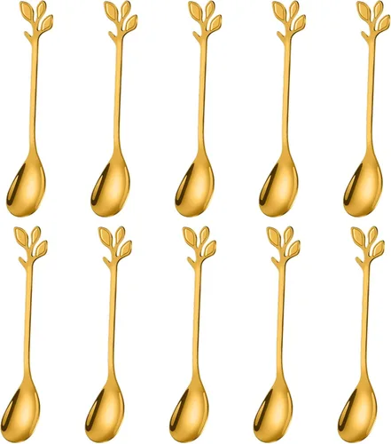 AnSaw Elegantes Cucharones de Café con Hoja de Oro - Juego de 10 Piezas, 4.7" Mini Cucharones de Acero Inoxidable para Espresso y Postre, Perfectos