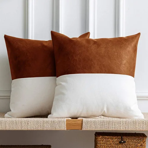 DEZENE Fundas de Almohada Decorativas de Cuero, Juego de 2 Fundas de Almohada Decorativas Modernas de Cuero/Algodón para Decoración del Hogar Marrón