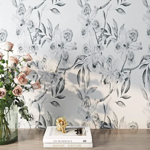 Miniatura 8 de ReWallpaper Papel tapiz floral gris y blanco para despegar y pegar, papel de contacto con flores de iris neutro para cajones, armarios, escritorio