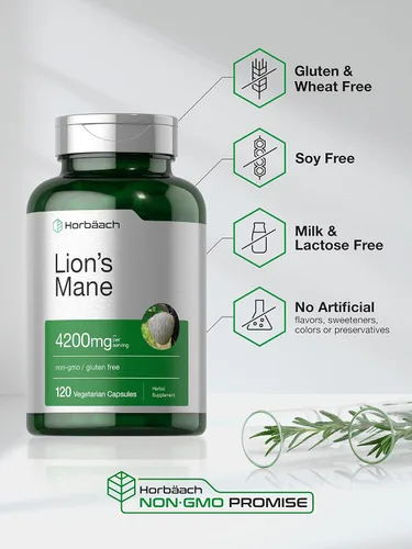Miniatura 10 de Horbäach extracto de hongo melena de león 4200mg 120 cápsulas suplemento vegetariano, no transgénico, sin gluten
