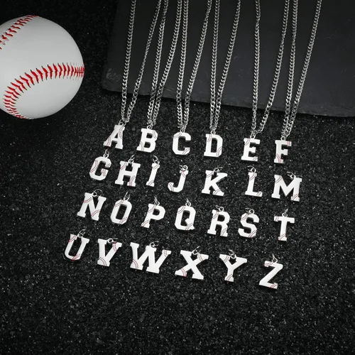 Miniatura 2 de AIAINAGI Collar de béisbol con letra A-Z para niños, dije de béisbol de acero inoxidable, cadena de plata de 22 pulgadas, regalo de béisbol