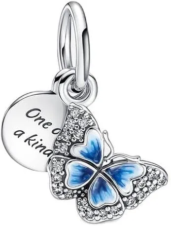 Pandora Pulsera con dije de mariposa azul y cita doble colgante para momentos Impresionante joyería para mujer Hecho con plata de ley, circonita